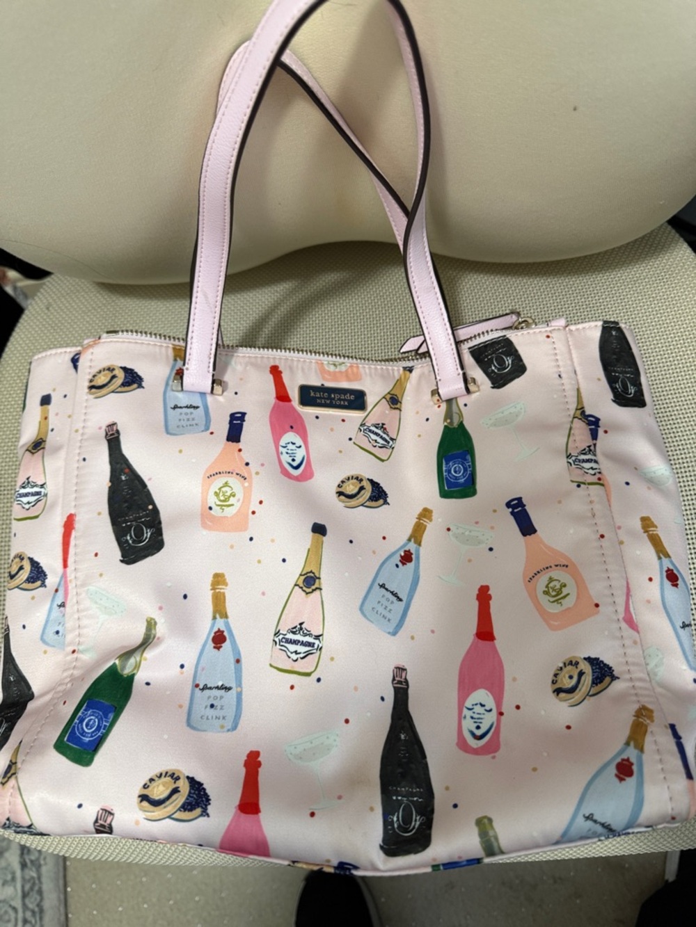 kate spade Pink Multi Champagne Bottle Print Tote never used bubbles